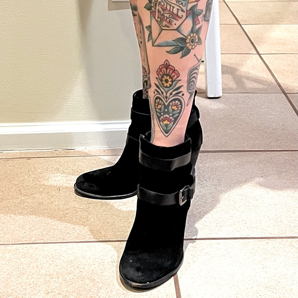 Black suede booties, size 7